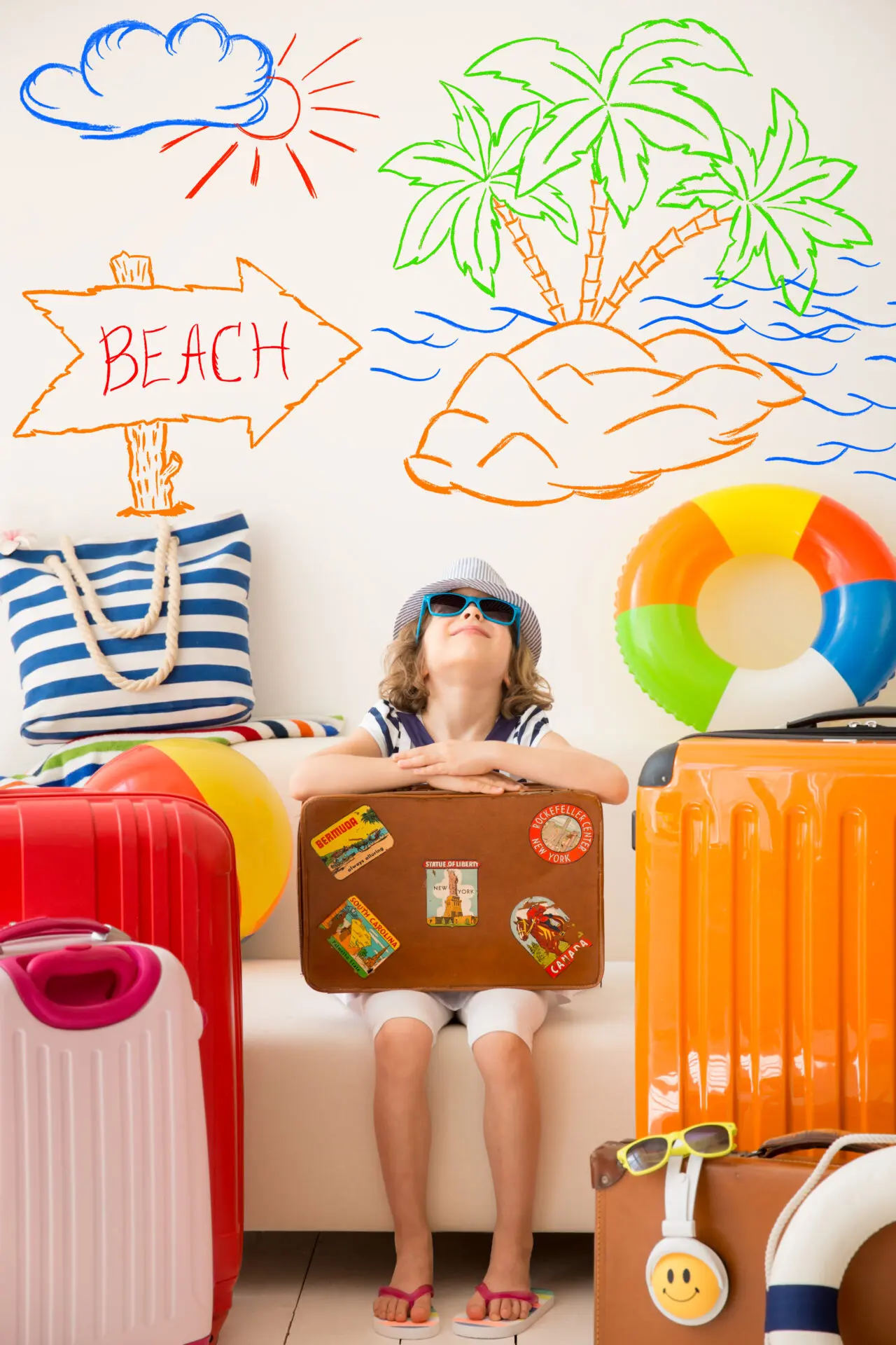 Happy child ready summer vacation kid having fun home